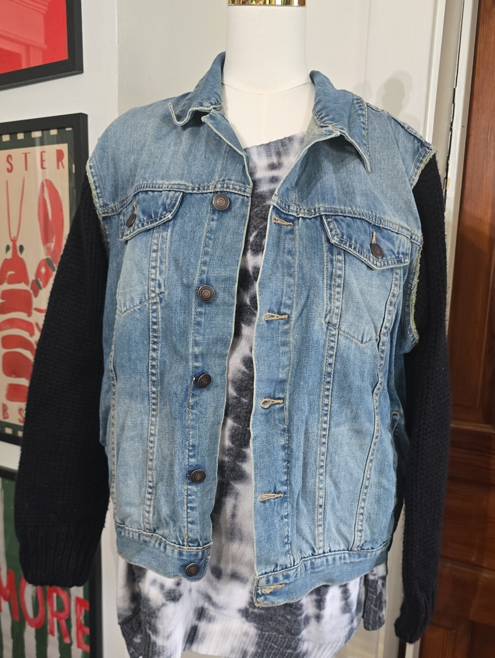 Asos Curve 18 Plus Blue Denim Jacket with Black Sweater Sleeves